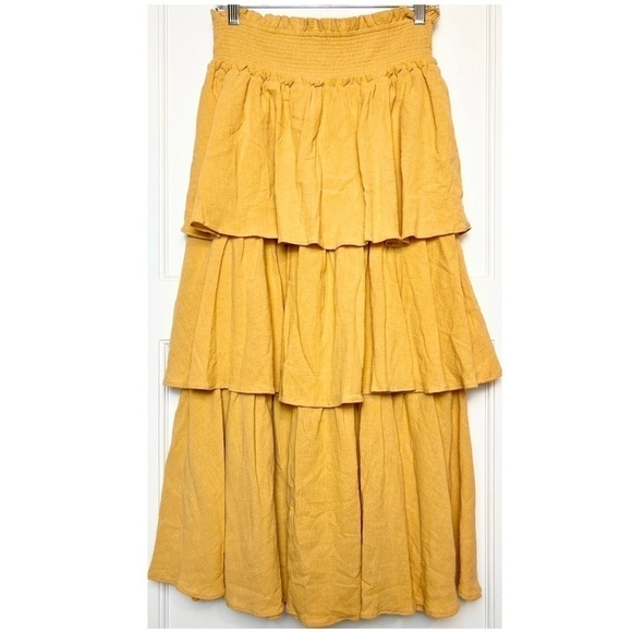 FREE PEOPLE 70s Ruffle Tier Ruched High Waist Flowy Textured Cotton Midi Skirt M - Picture 3 of 6